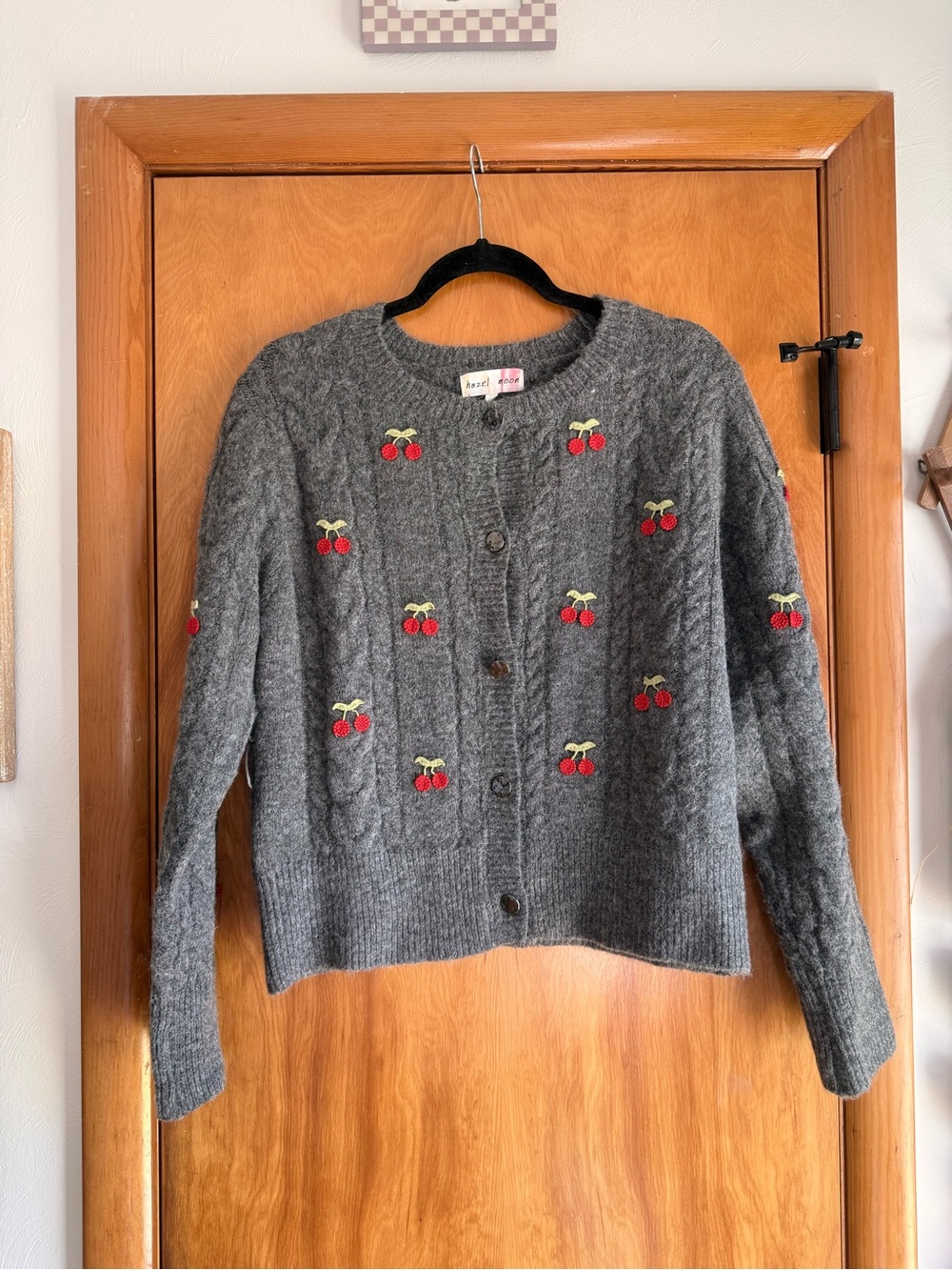 Gray Cherry-Embroidered Button-Front Sweater